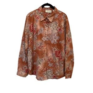 Lemon Grass Boho Floral Print Blouse Size‎ L Brown Button Up Cottagecore Shirt